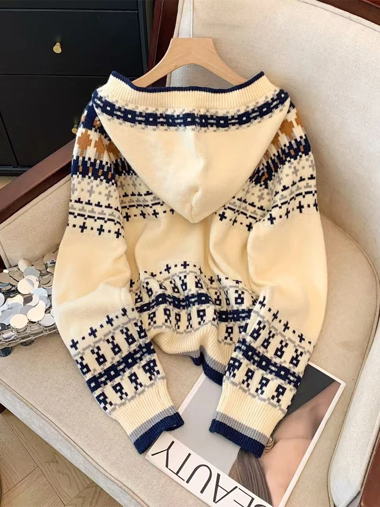 Women's Beige Hoodies Cardigan Sweater Harajuku 90s Vintage Ethnic Style Y2k Long Sleeves Cashmere Sweaters Jumper 2000s Clothes