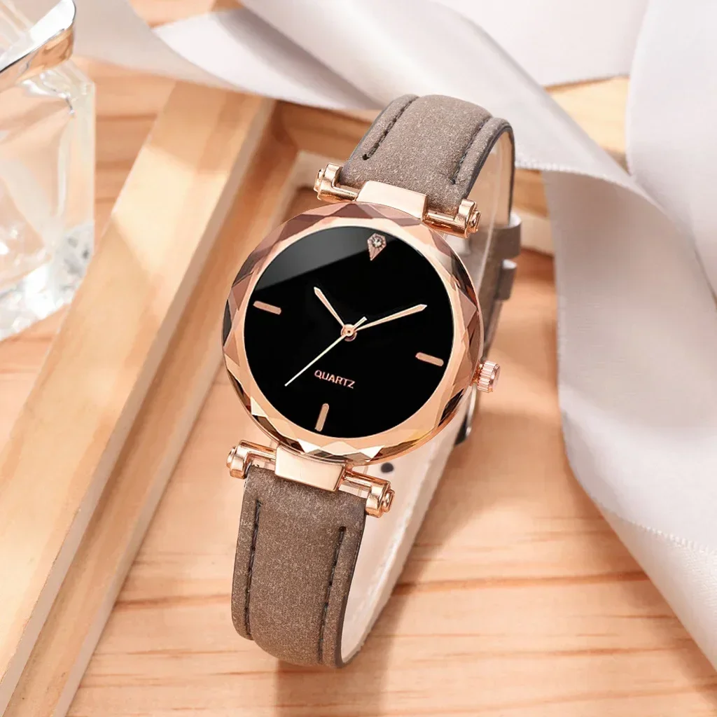 Luxury Fashion Women Watch Set PU Leather Strap Ladies Quartz Wristwatch Rhinestone RoseGold Alloy Bracelet For Ladies Gift