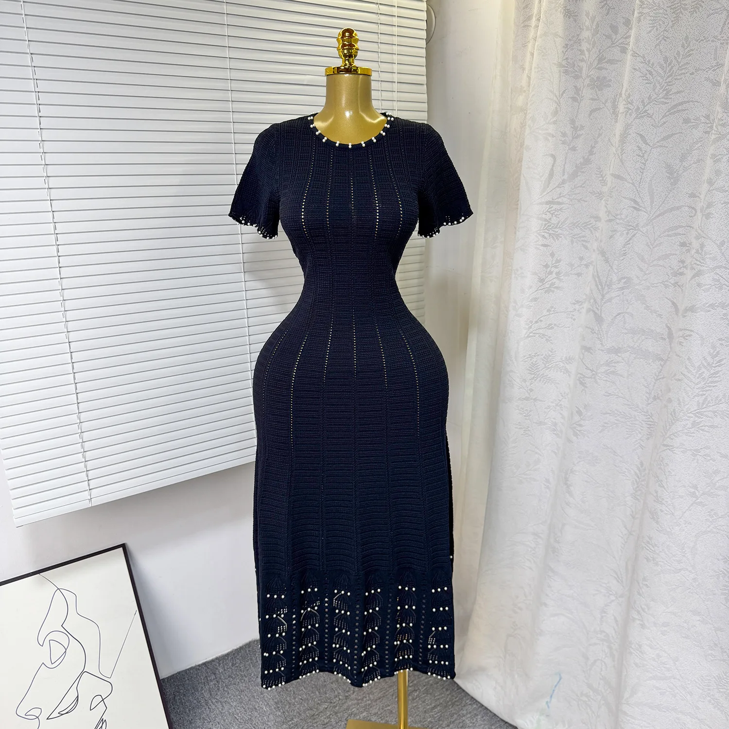 Knitted Dress Women Long Dresses Round Collar Short Sleeve Hollow Out Beaded Knitting A Line Summer Office Lady Vestidos 2026