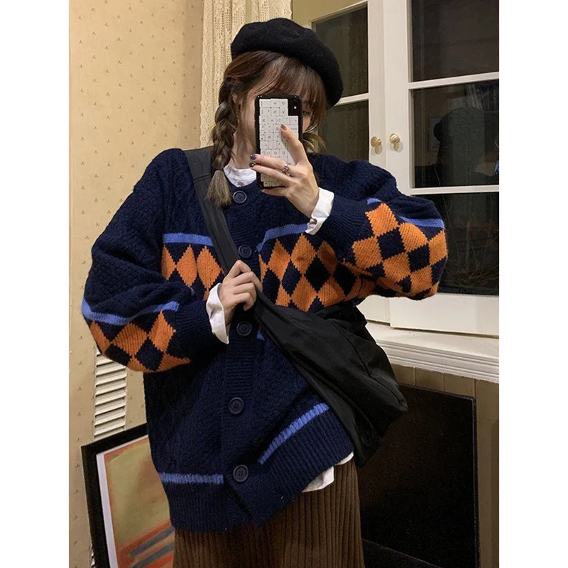 

Fashion O-Neck Button Spliced Geometric Korean Cardigan Sweaters Female Clothing 2023 Winter Oversized Knitted Casual Tops