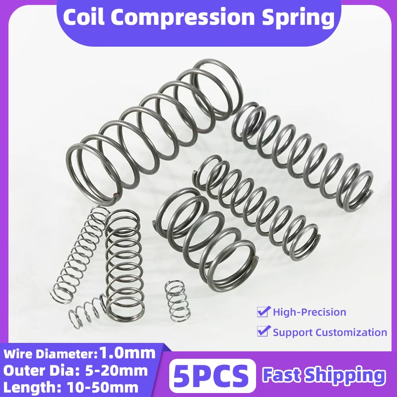 Creamily 5PCS Compression Spring Cylidrical Coil Pressure Release Return Spring Wire Diameter 1.0mm OD5-20mm Length 10mm to 50mm