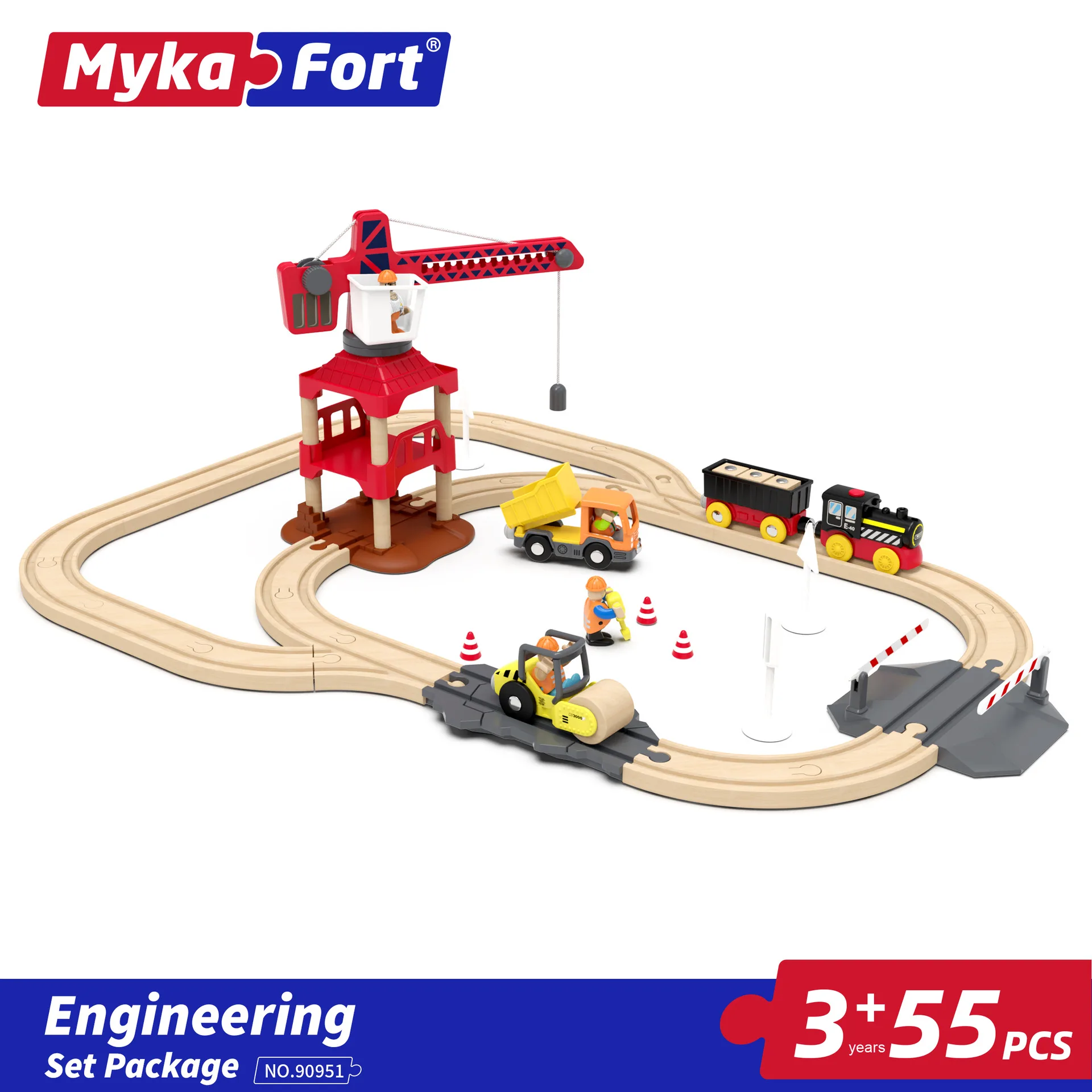 58pcs Crane Engineering Track Set,Children Car And Train Track  Accessories Suitable For Brand Wood Track Toys PD101