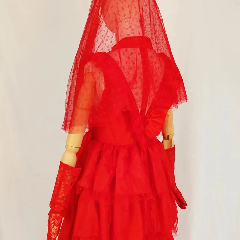 زي ليديا ديتز مع قفازات وشاح ليديا فستان زفاف نسائي على الطراز القوطي الأحمر ملابس الهالوين مع حجاب خنفساء العروس التأثيرية