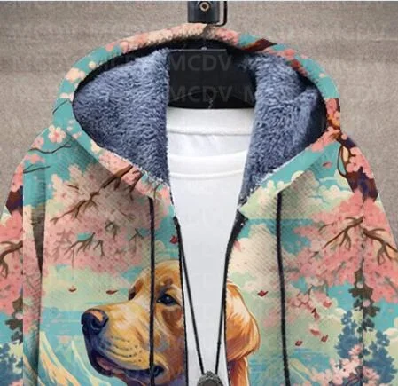 Men's Retro Print Plush Thick Long-Sleeved Coat Cardigan Dog 3D Prined Fleece Hooded Overcoat Unisex Thick Warm Jacket