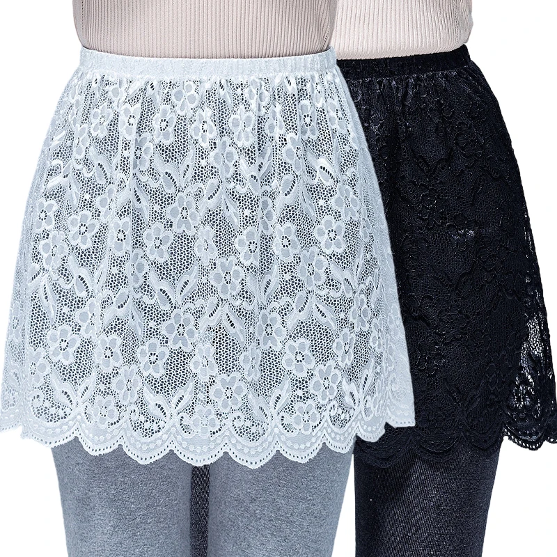 Women Skirt Extender with Lace Hem 2024 Spring Autumn Layering Fake Tops Hemline Flower Embroidery Mini Skirt Black White