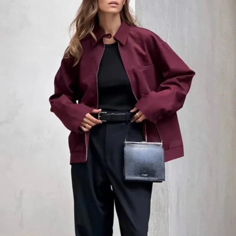 سترات بسحاب للنساء لربيع الخريف بأكمام طويلة وياقة مقلوبة ملابس خارجية معاطف بلون سادة ملابس خروج كلاسيكية للسيدات #2