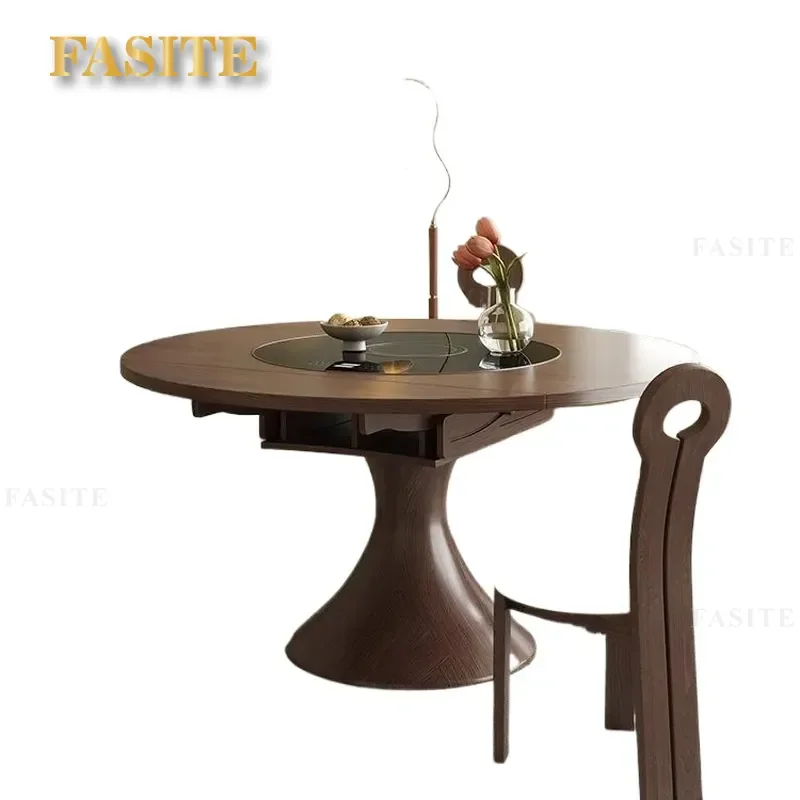 For Round Dining Table Antique Telescopic Solid Wood Walnut Multi Functional Smart Induction Cooker Turntable Retro Household