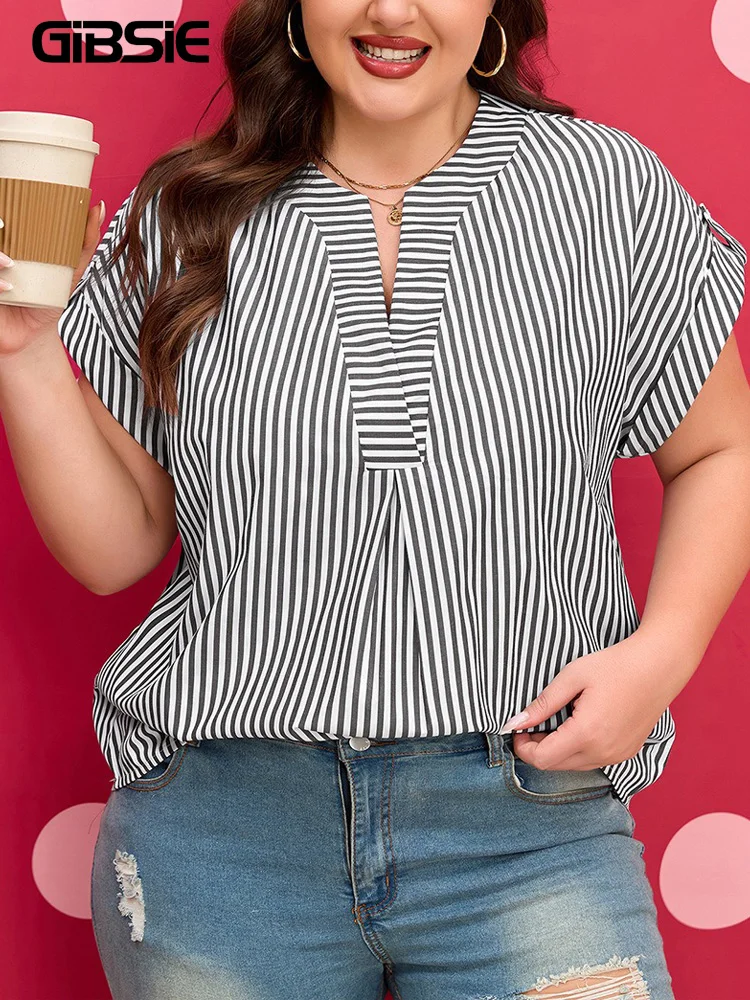 

GIBSIE Plus Size Notch Neck Striped Chiffon Shirt Female 2026 Summer New Short Sleeved Loose Casual Womens Tops And Blouses