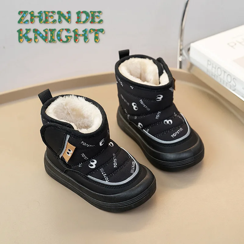 

Зимние сапоги для мальчиков и девочек, зима 2024, новые утепленные хлопковые повседневные короткие ботинки на флисовой подкладке с принтом