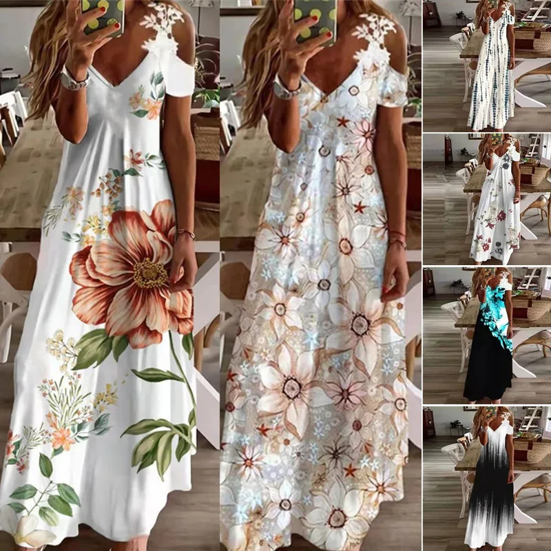 

2022 Women's Summer New Lace Strap V-Neck Fashion Print Loose Dress Cold Shoulder Long Dress Beach Party Dress