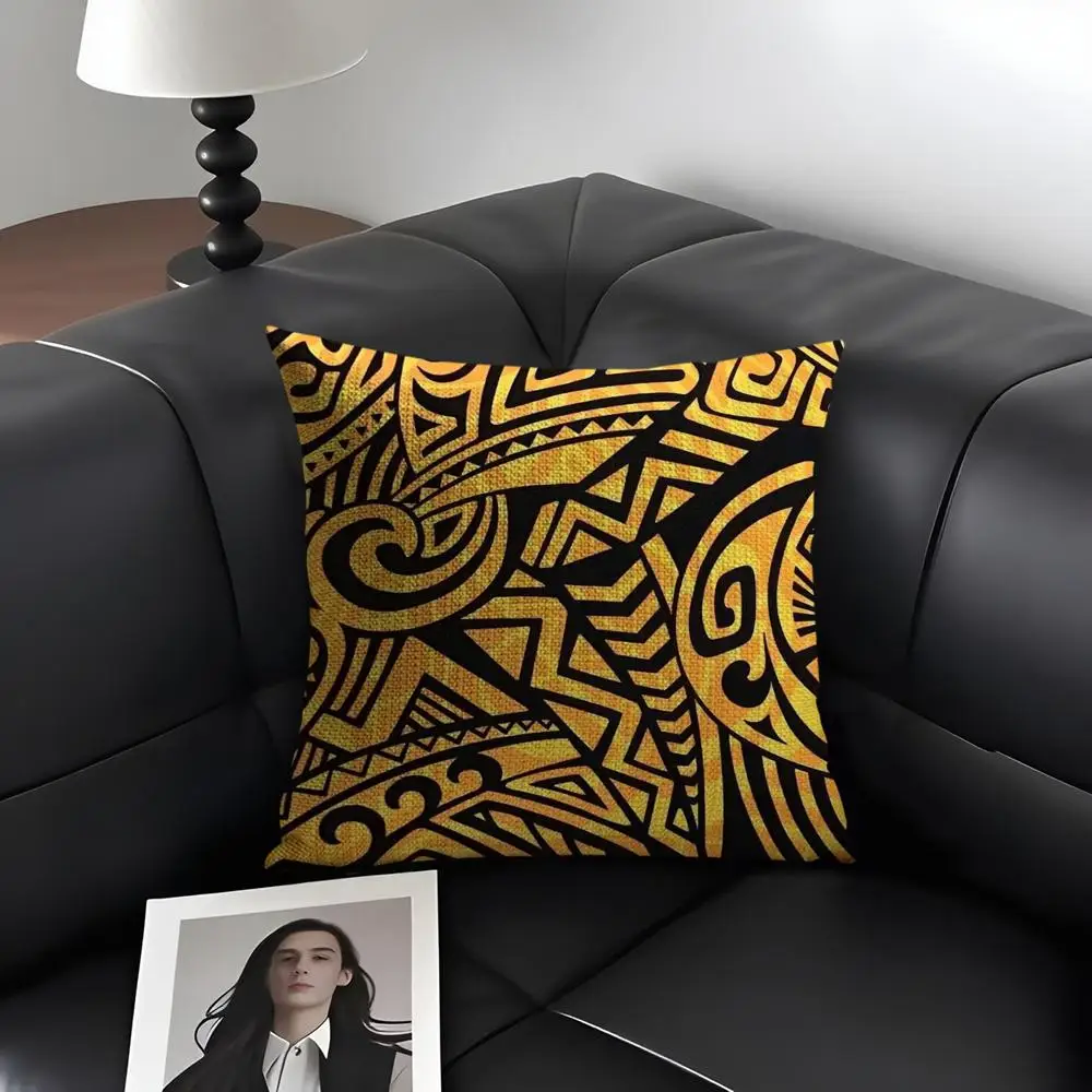 Autumu Maori Tribe Samoa Polynesia Cushion Cover Natural Linen Organic Fabric Double-Sided Printing Breathable Gift For Decor