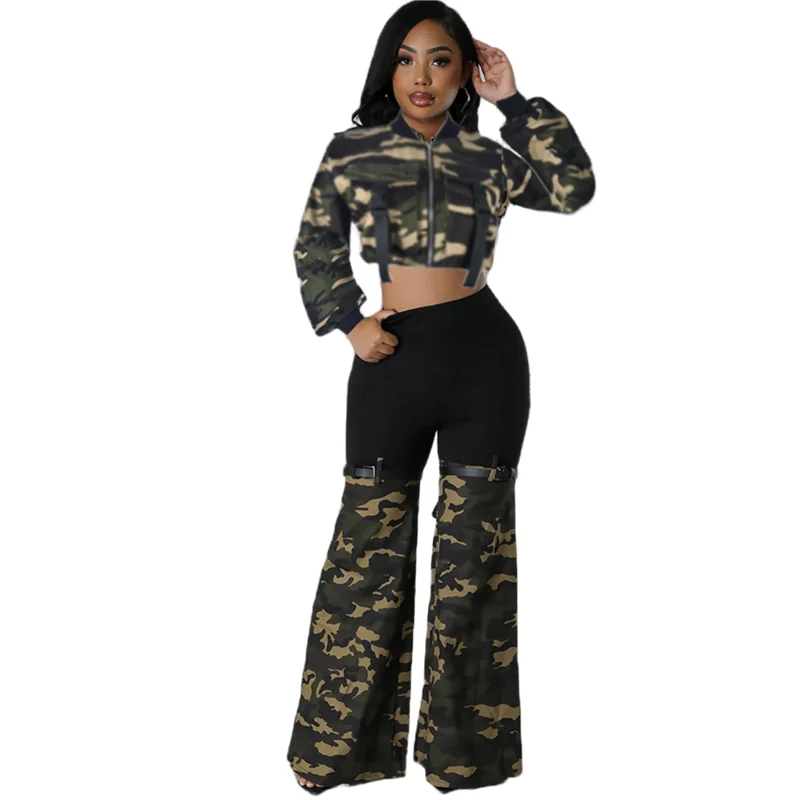 

Camouflage Long Sleeve Crop Top Jacket Personality Streetwear Stretch Denim Belt Pants Suits