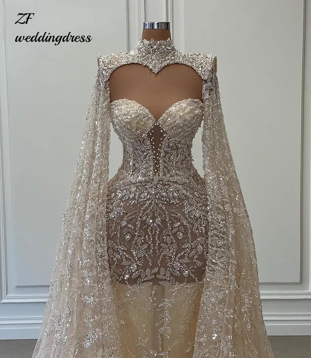 Customised Dazzling Shawl Mermaid Wedding Dress Luxurious Champagne High Neck Lace Appliqué Beaded Formal Occasion