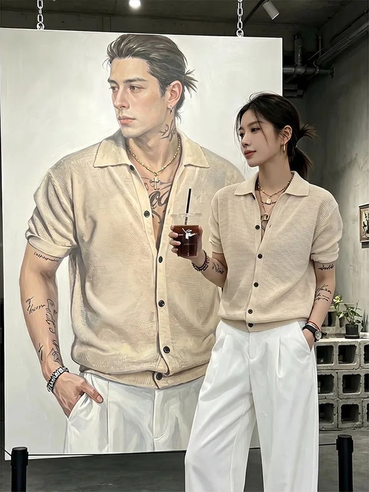 Khaki Knitted Short Sleeve  Shirt for Men Summer Slim Fit Shoulder Pad Breathable Casual Style Turn-down Collar T-shirt