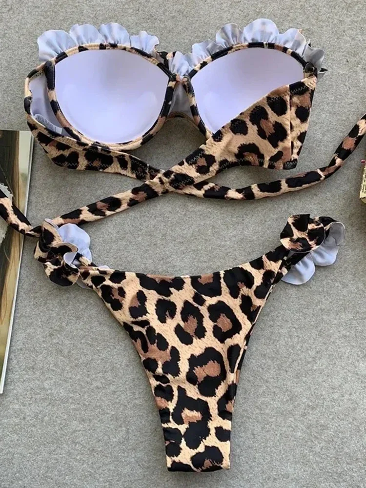 Sexy Badeanzug Frauen Leopard Gedruckt Bikini Set Solide Liebsten Rüschen Bademode Sommer Zwei-stück Neue Badende Badeanzug