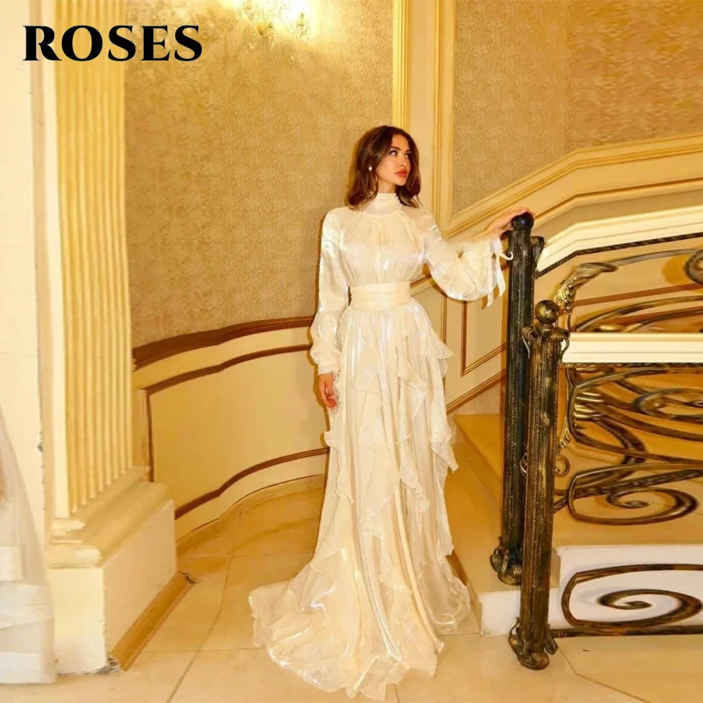 ROSES White Prom Dress High Collar Regular Sleeve Ruched Evening Dresses with Pleats Satin and A-Line Formal Dresses Customized