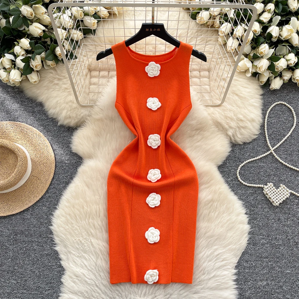 YuooMuoo Chic Mode Sexy Paket Hüften Gestrickte Mini Kleid 2025, Neue Sommer Ärmellose 3D Blumen Bodycon Party Kleid Streetwear