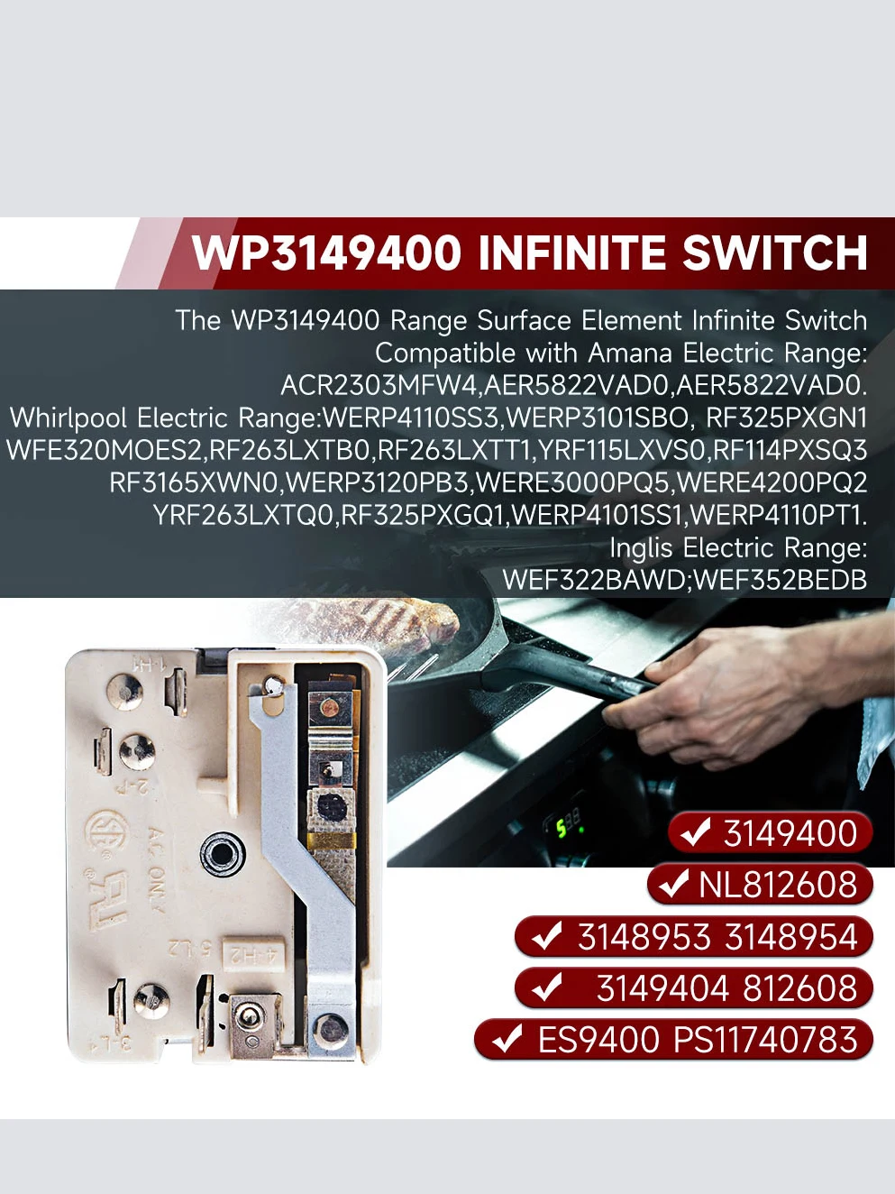 3148954   WP 3149400   Interruptor de controle do queimador de superfície do interruptor de alcance compatível com interruptor de fogão elétrico Whirlpool de 8 polegadas # Cor: