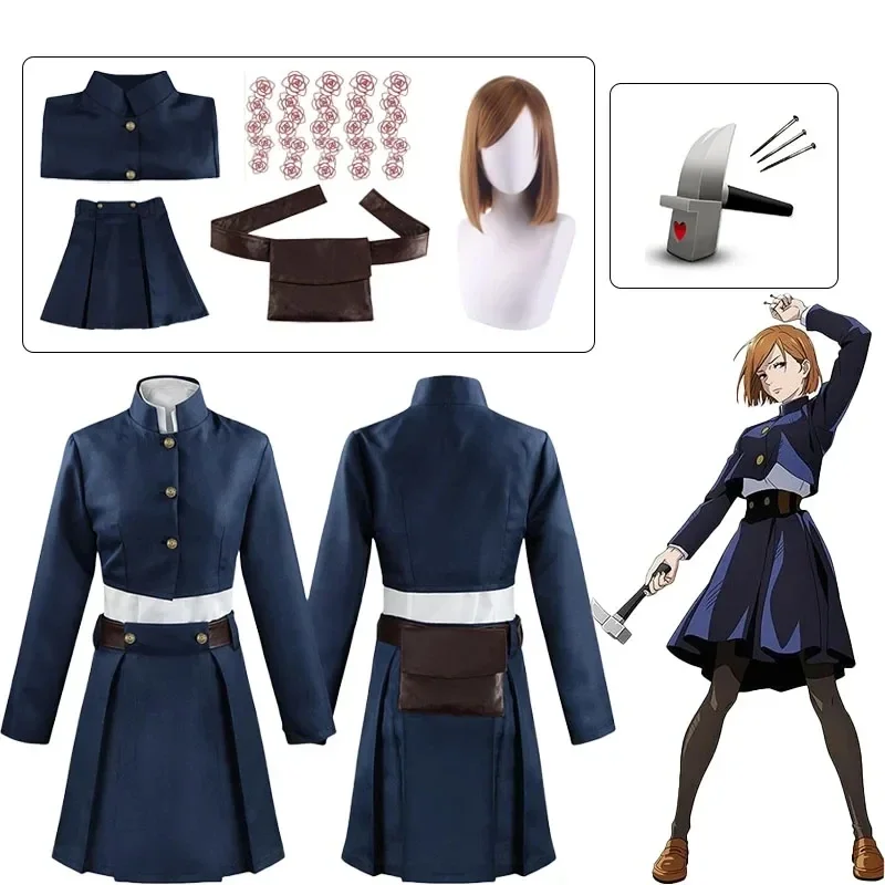 Anime Jujutsu Kaimmense Kugisaki Nobara Cosplay Costume pour Femme, Perruque Marteau, Tenue Trempée, Uniforme avec Ceinture de Sac