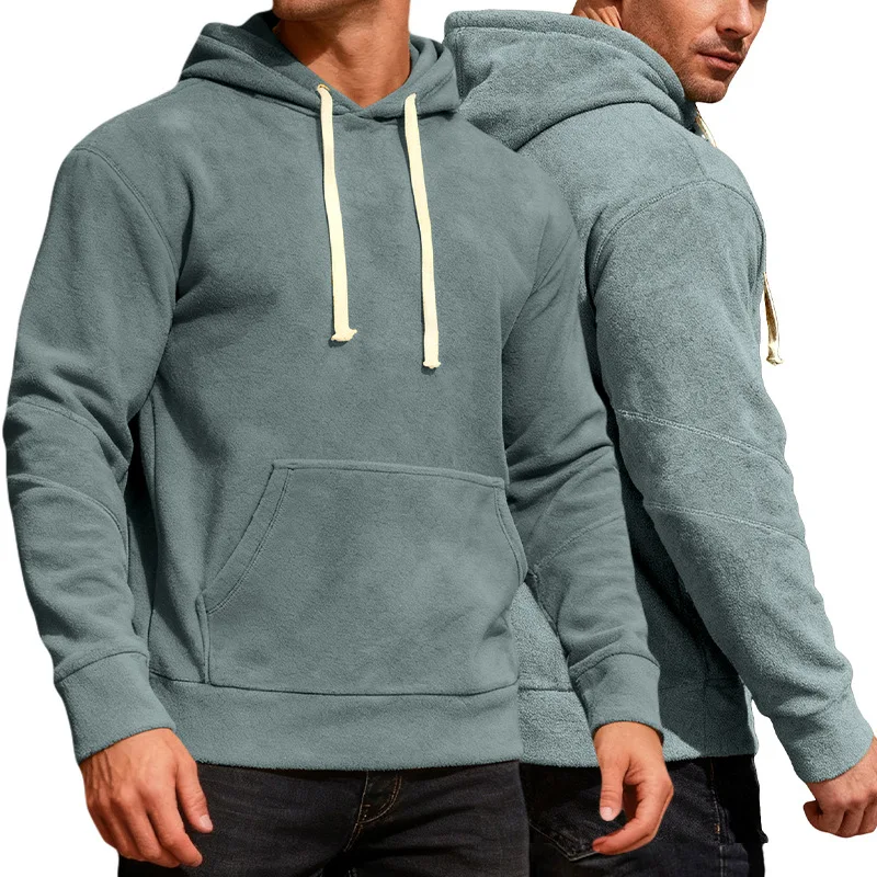 Men's Autumn/Winter Casual Sports Commuter Hooded Loose Pocket Solid Color Fleece Sweatshirt