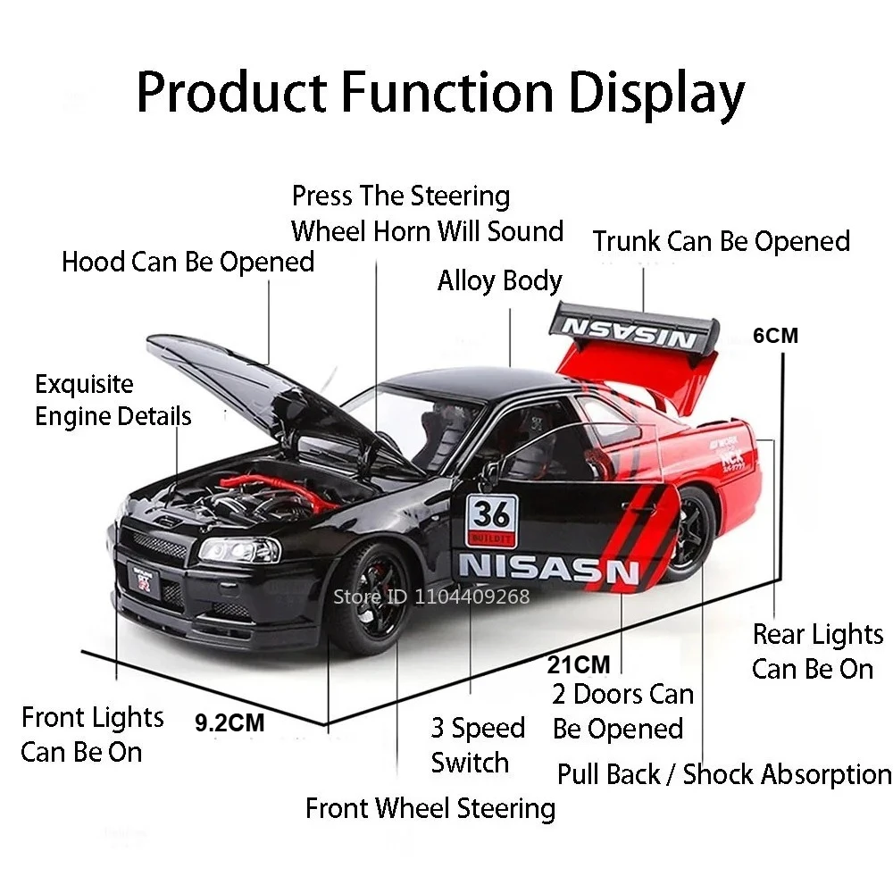 Modèle de voiture de sport R34 GTR-CSR2 R34, échelle 1:24, jouet, lumière musicale, corps métallique, châssis en plastique, modèles de voitures miniatures pour enfants garçons