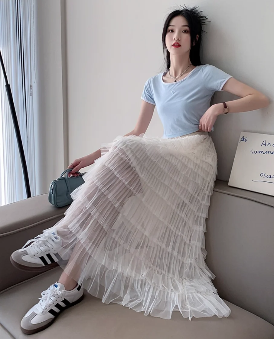 Midi-Rock in A-Linie, Kuchen-Design, Polyesterfaser, Netzstoff, geschichtet, geschwollen, halblang, Frühling, Sommer, Herbst, Winter, Röcke im neuen Stil