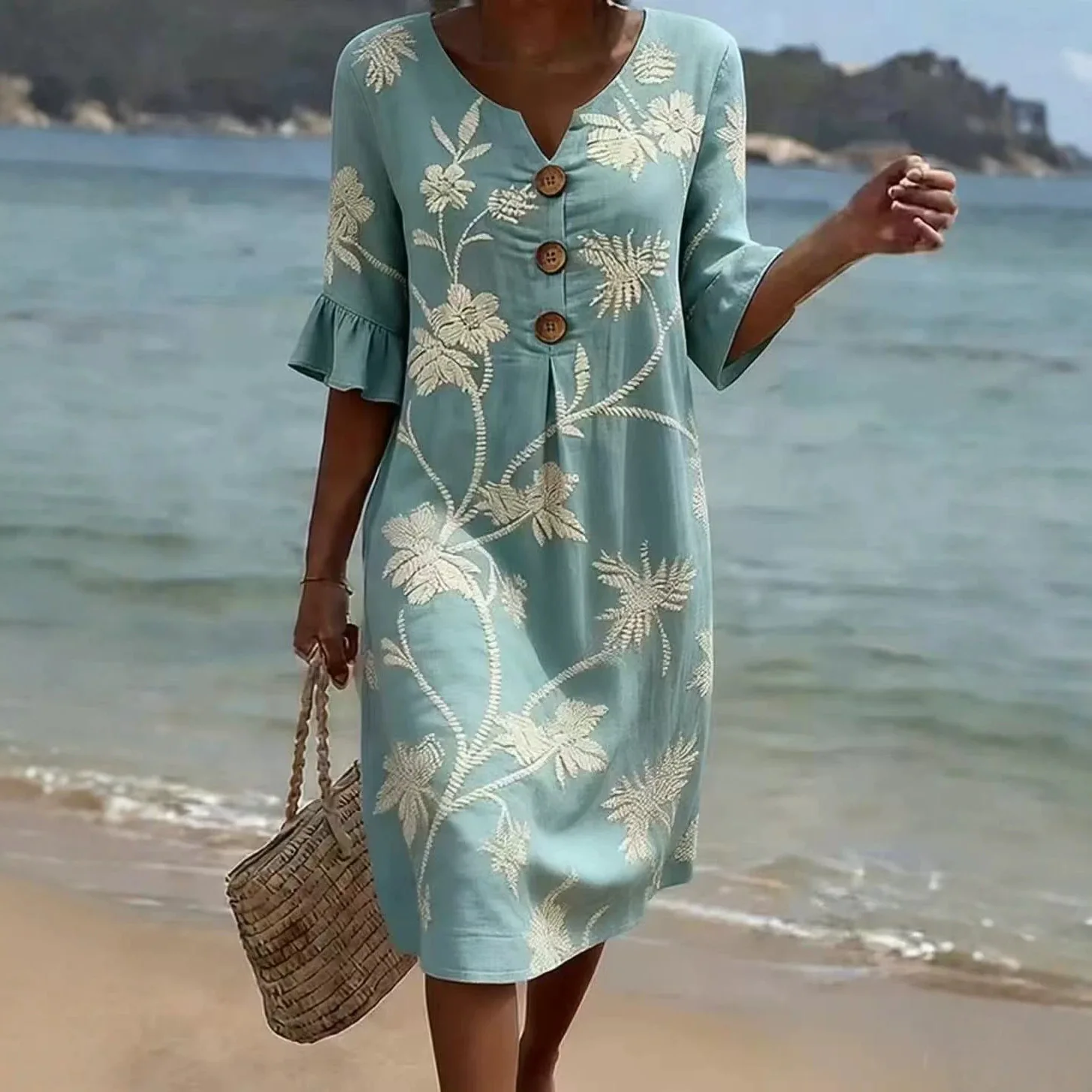 Sommerliches Vintage-Kleid mit Print für Damen, lässiges Midikleid mit V-Ausschnitt, halben Ärmeln und Knopfdesign, lockeres Strand- und Urlaubskleid im Boho-Stil