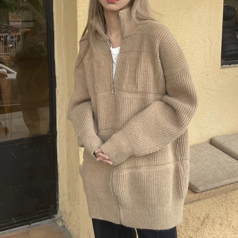 

Deeptown Black Stand Collar Women Cardigan Long Sleeve Korean Fashion Zipper Sweaters Loose Solid Old Money Style Casual Autumn