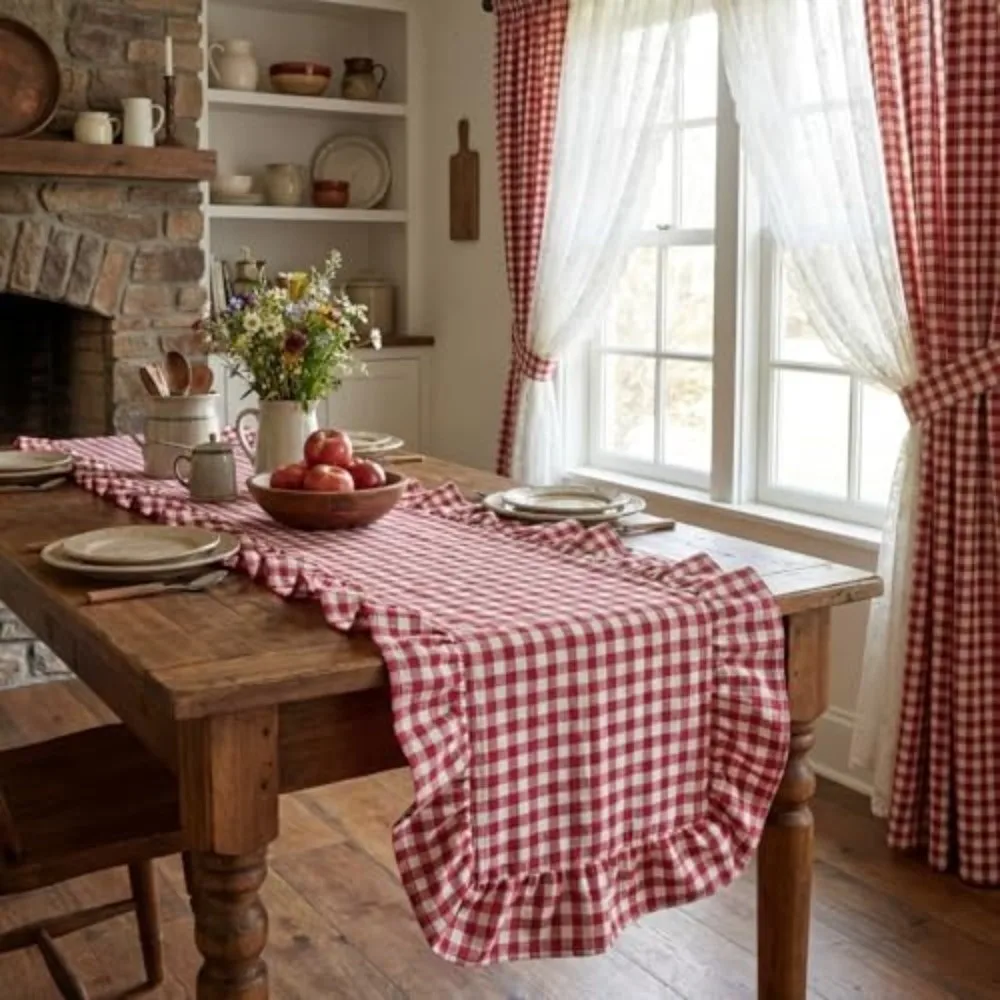 Washed Cotton Table Runner Gingham Check Ruffle Edge Runner Washed Cotton Ruffle French Vintage Rectangular Table Scarf