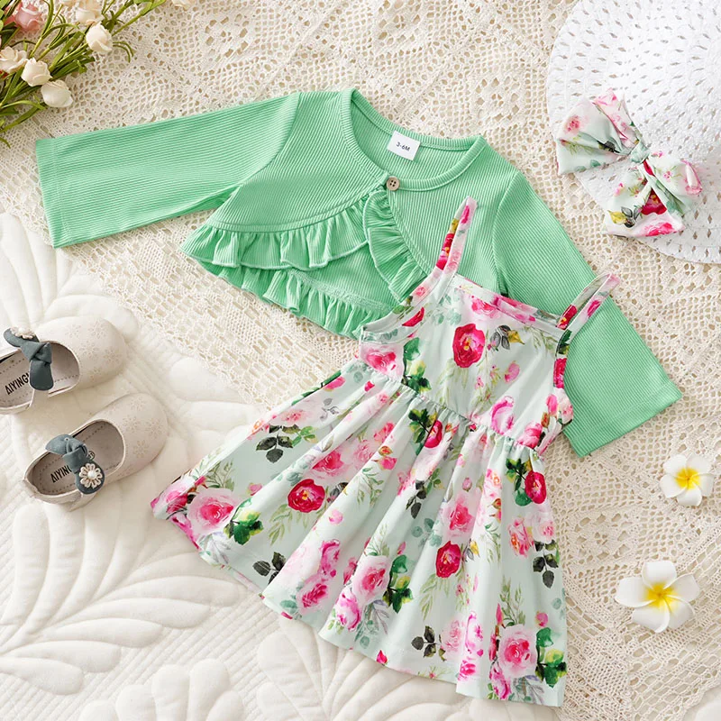 

Newborn Clothes Vacation Style Rose Full Print Comfortable 0-18 Girls Summer Suspender Baby Dress+Coat+Hat Three Piece Set