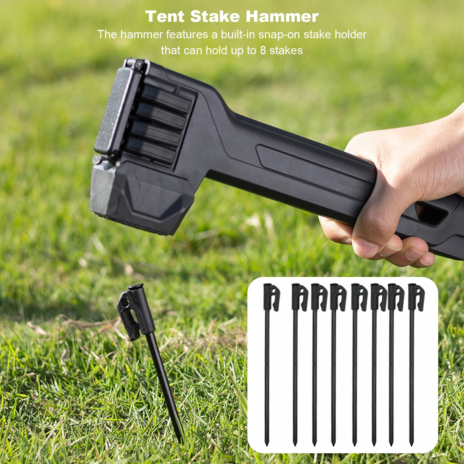 Camping Hammer Anti-slip Multi-Functional Tent Hammer with 8 Steel Stake for Camping Pegs Canopies Tarp Shelter Outdoors