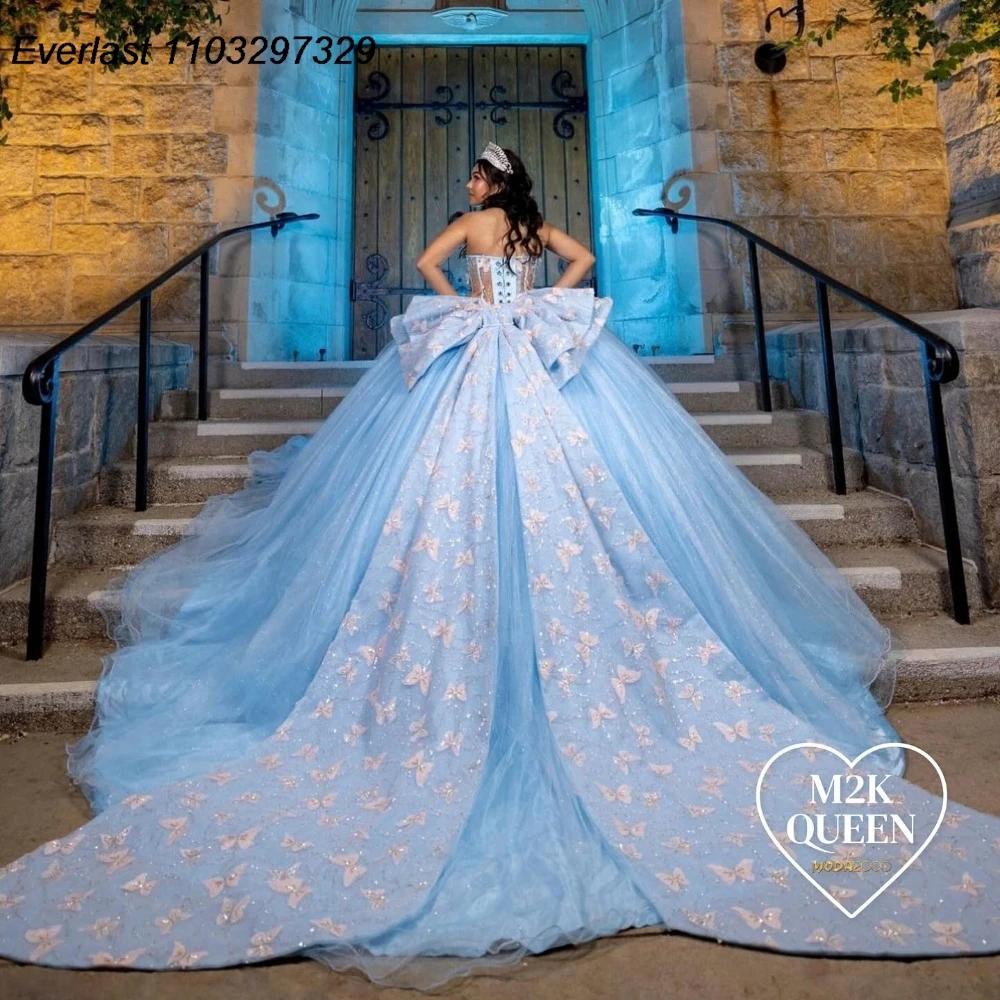 EVLAST Mexican Sky Blue Quinceanera Dress Ball Gown Shiny 3D Butterfly Applique Beaded Bow Sweet 16 Vestidos De 15 Anos TQD772