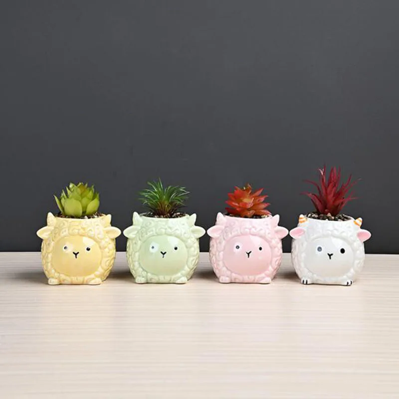 Porcelain Cute Sheep Fleshy Flower Pot Cartoon Animal Plant Pot Desktop Bonsai Vase Garden Art Home Decor