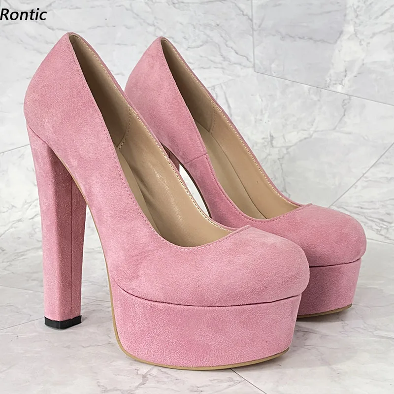 

Rontic New Handmade Women Pumps Platform Slip On Chunky Heels Round Toe Beautiful Pink Party Cosplay Shoes US Size 5-20