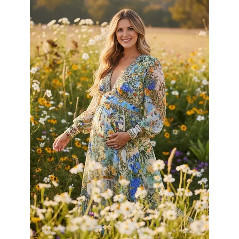 Vintage Blumen-Langarm-Maxikleid für Schwangerschaftsfotoshootings, Babypartys, Geschlechtsenthüllungen, Boho-Fotografie-Outfit