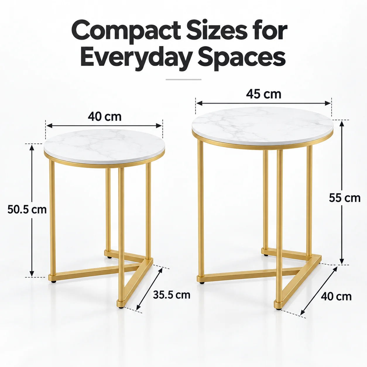 Set of 2 Round Nesting Side Tables 45cm Sintered Stone Tops Gold Metal Frame for Living Room Sofa Side