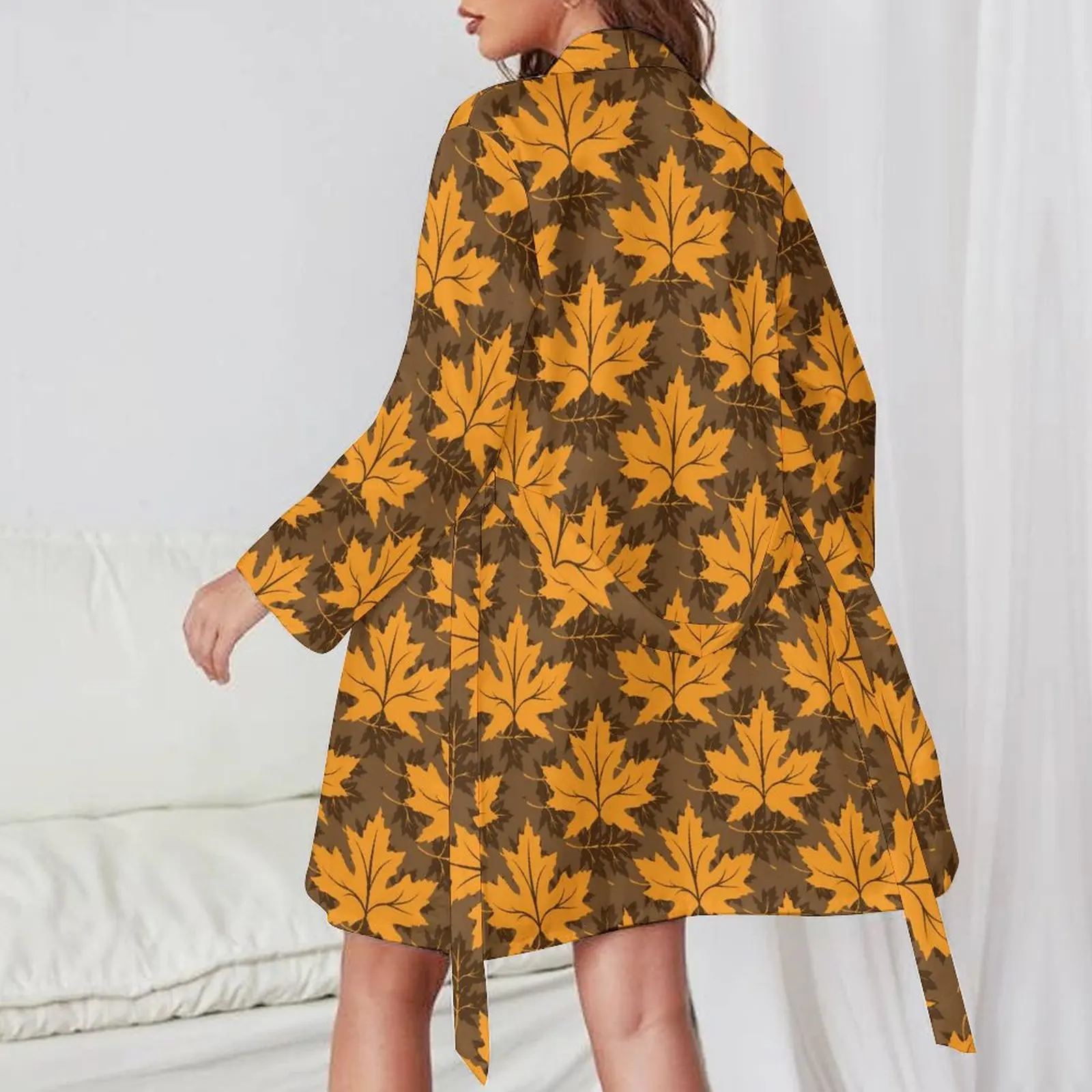 Maple Leaf Print Pajama Robe Orange and Brown Long-Sleeve Casual Loose Pajamas Robes Woman V Neck Sexy Sleepwear Pattern Dress