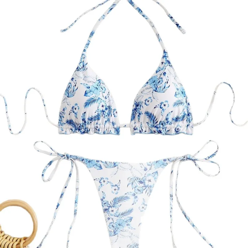 2026 Blue Floral Print Triangle Bikini Set Tie Side Soft Cup Two Piece Swimwear Women Summer Beach Bathing Suit