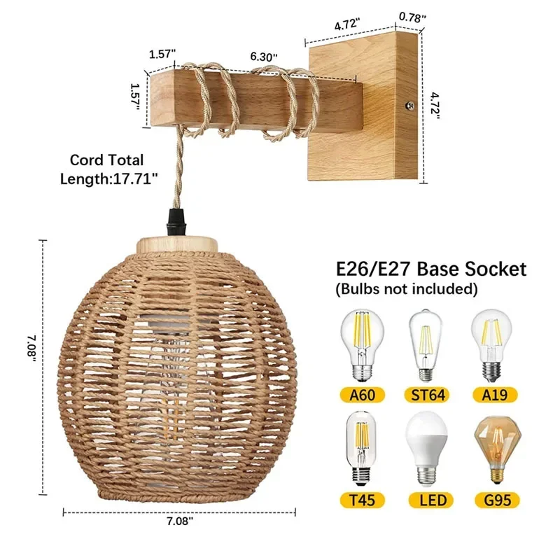 Lámpara de pared de bambú tejida a mano para decoración del hogar, accesorio de estilo chino para dormitorio, restaurante, BR, E27