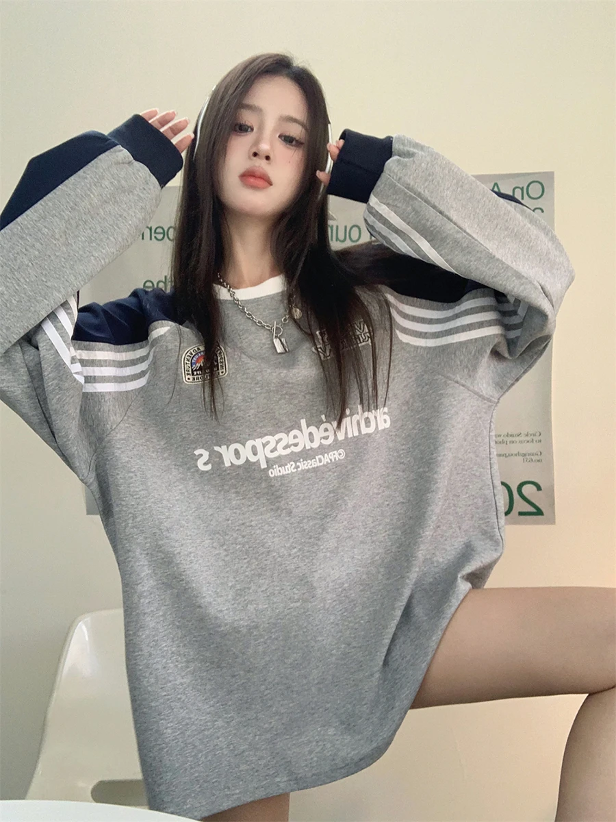 Women Clothing Vintage Street Sweatshirt Splicing Y2K Letter Printing Round Neck Pullover Long Sleeves Warm Oversize Ladies Tops