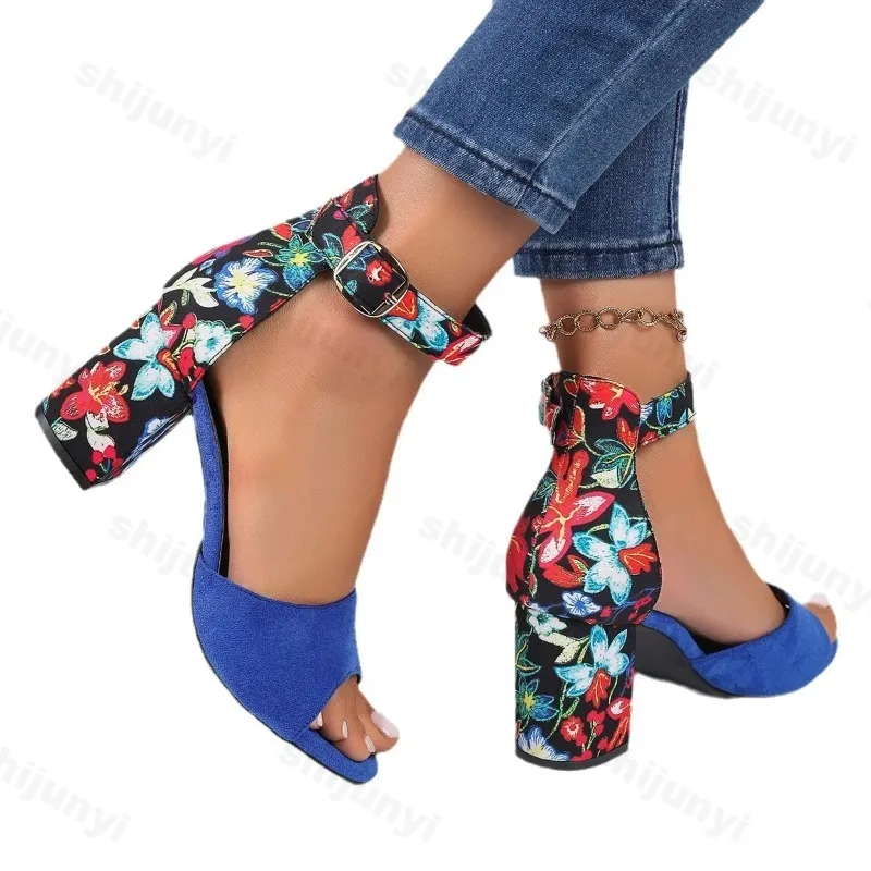 Women 2024 Summer Shoes Sqaure High Sandals Vintage Flower Print Open Toe High Heels Woman Casual Buckle Ankle Strap Sandalse