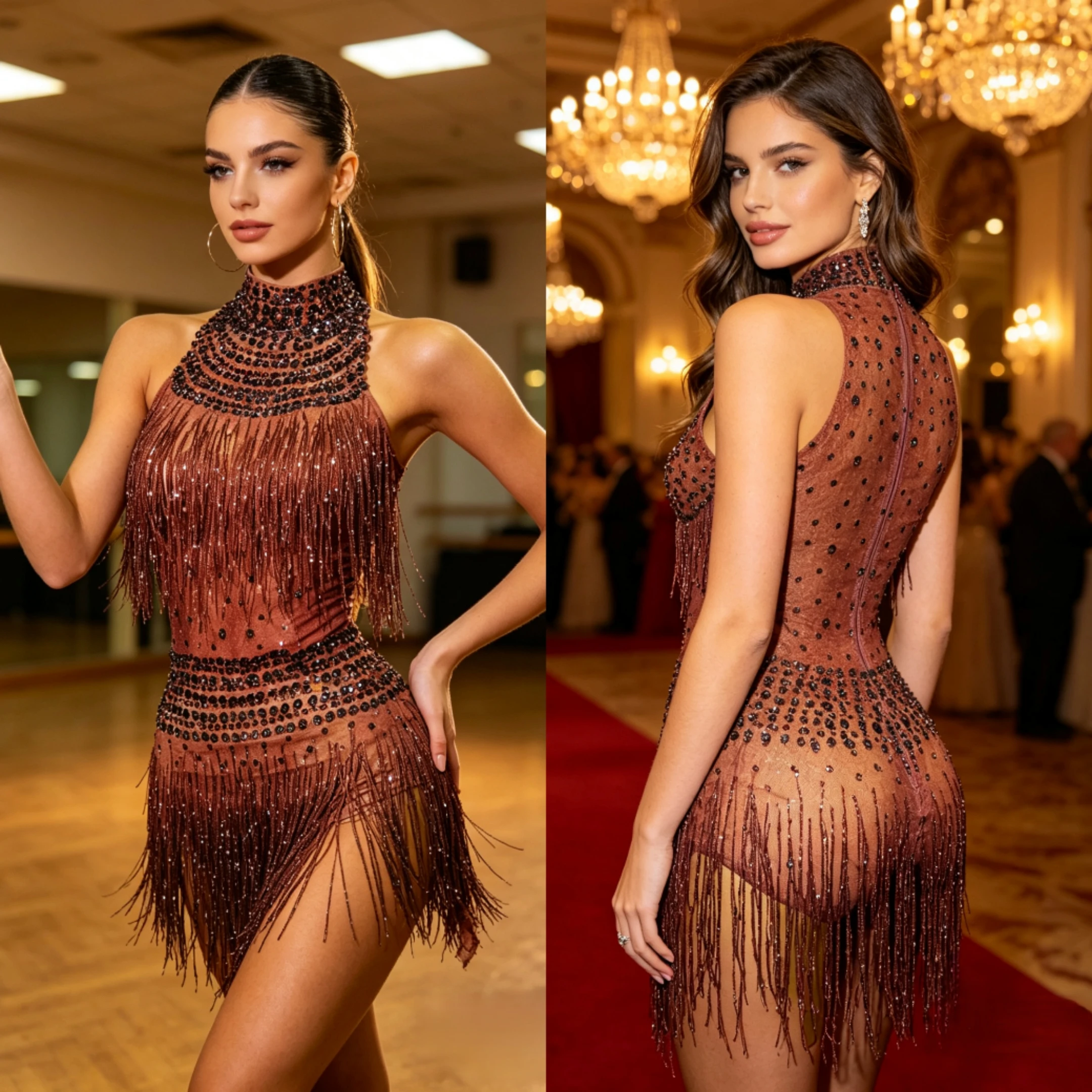 

Women's Diamond Trimmed Sleeveless Latin Dance Unitard Glittering Sparkling One-Piece Performance Costume