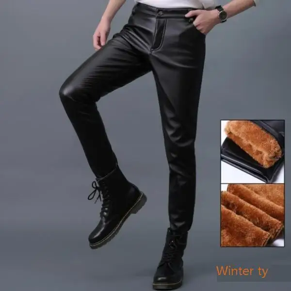#2207 Spring Winter Skinny Faux Leather Pants Men Stretch PU Mens Joggers Fashion Casual Pencil Tight PU Pants Black Plus Size
