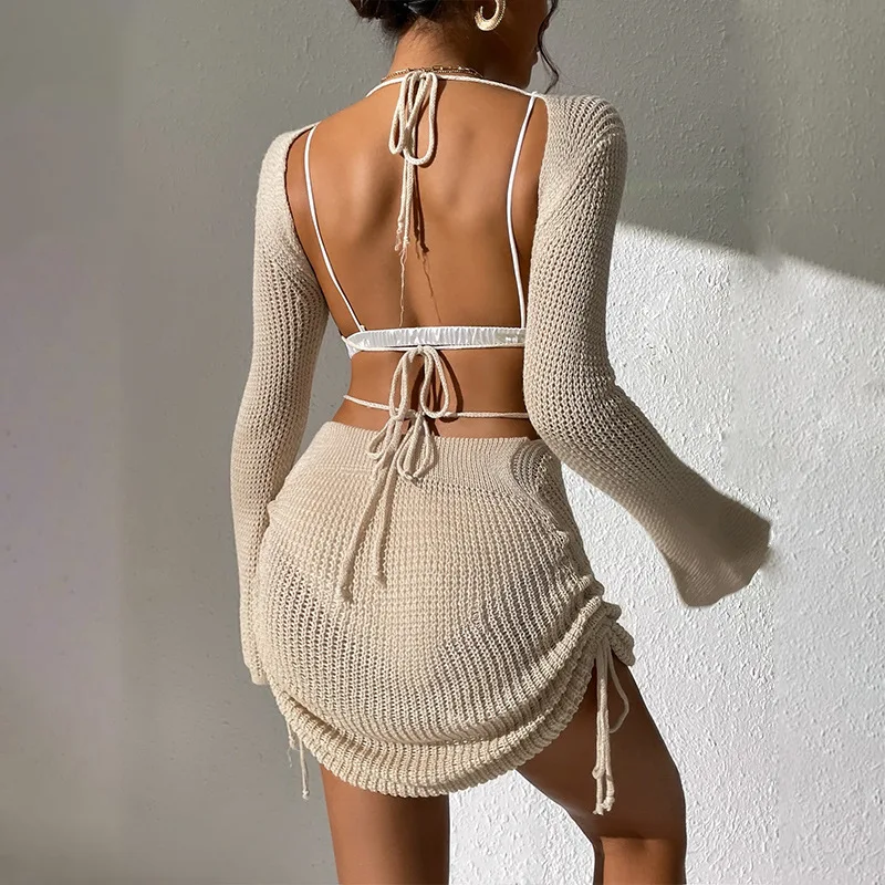 Gonna estiva nuova da donna tinta unita lavorata a maglia con coulisse cava bikini da spiaggia costume da bagno coprire indumenti di protezione solare