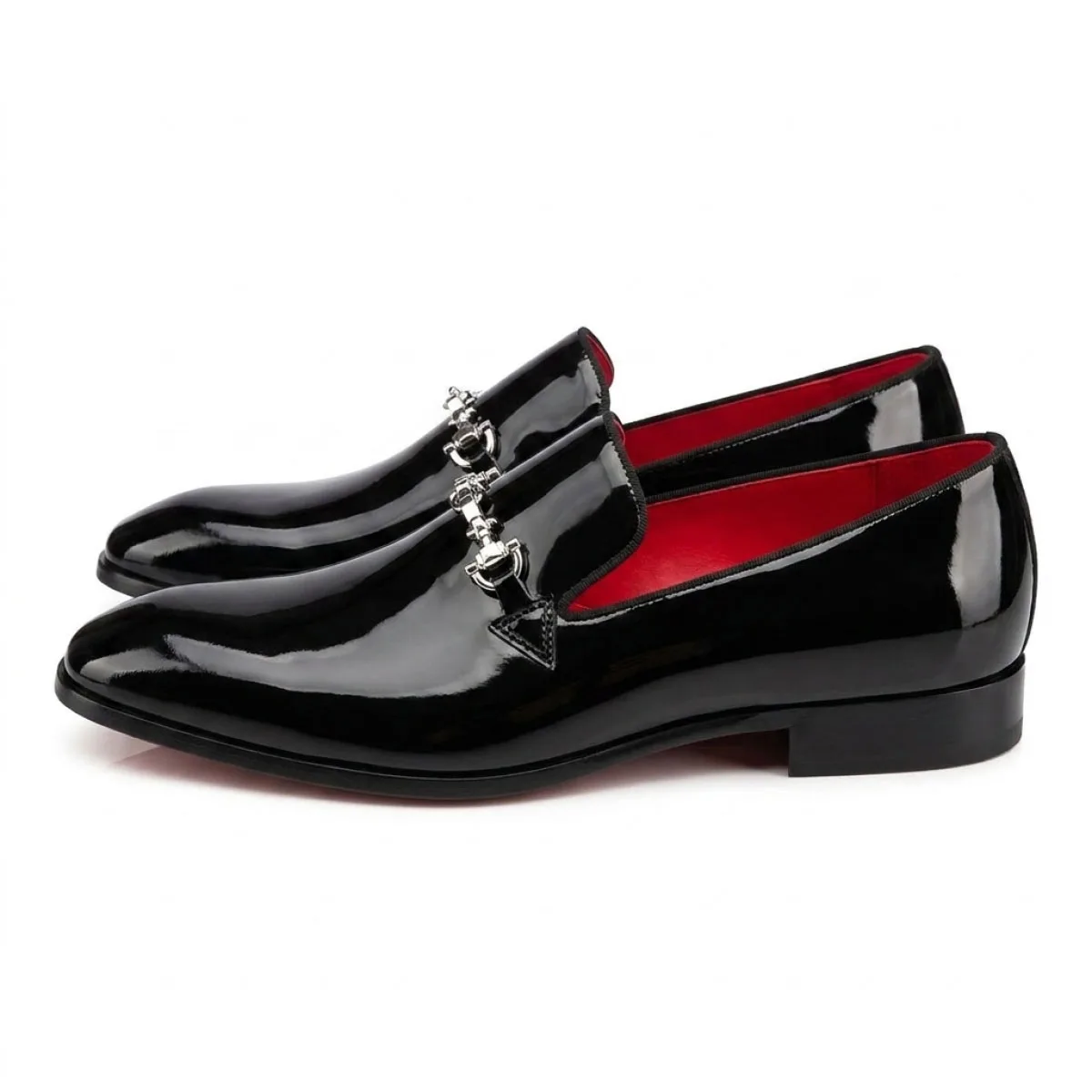 Men's Formal Patent Leather Black Loafers with Metal Clasp Flat Small Square Toe Shoes for Summer Wedding And Office