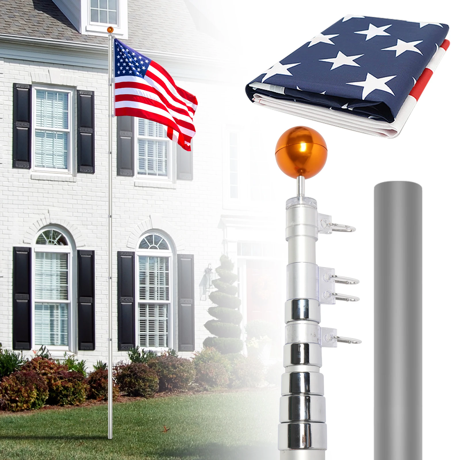 6*6*600cm 20FT silver flagpole Aluminum alloy telescopic flagpole