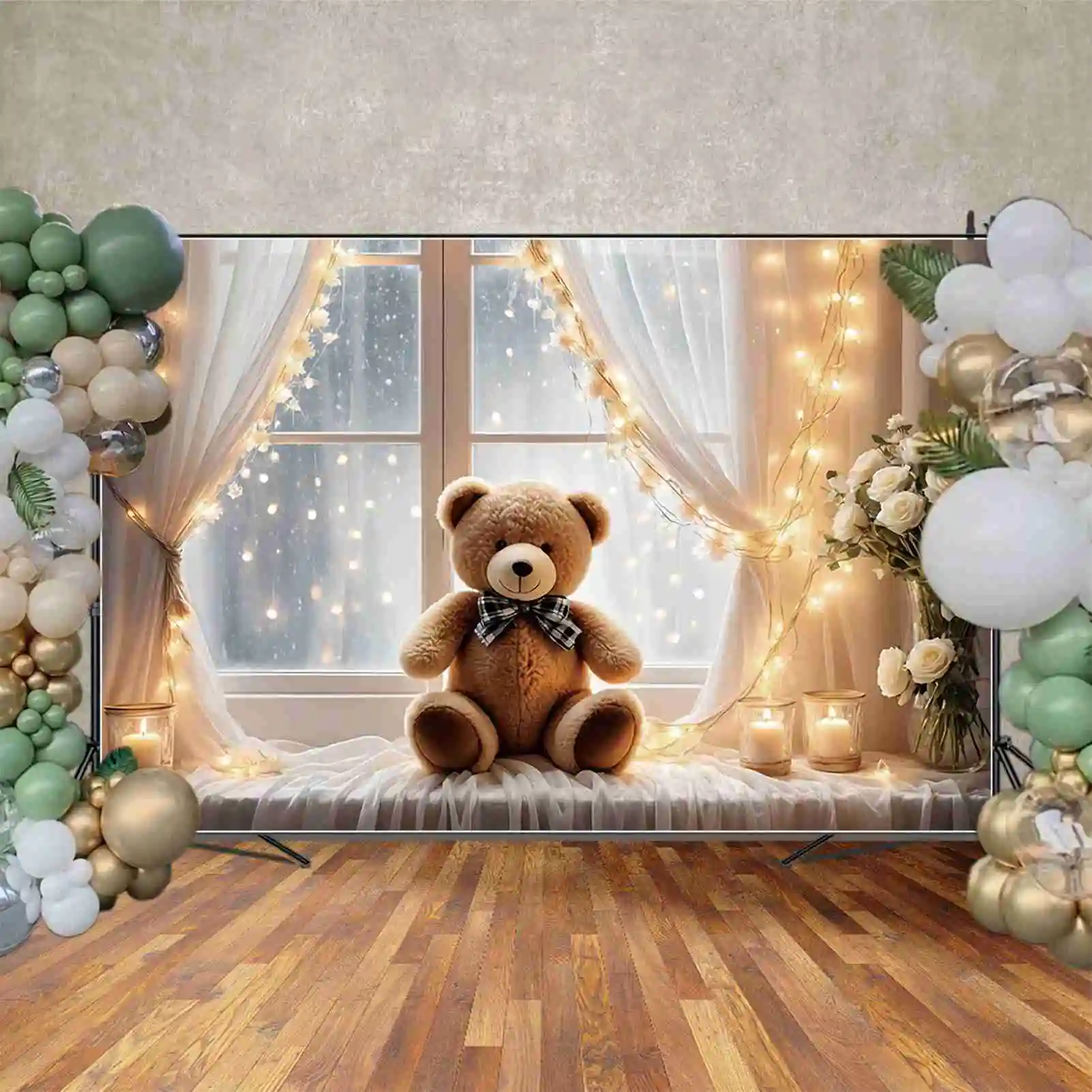 Bulan. QG dekorasi pesta ulang tahun 1 tahun latar belakang Teddy beruang bunga balon foto latar belakang anak-anak tirai jendela alat peraga menembak