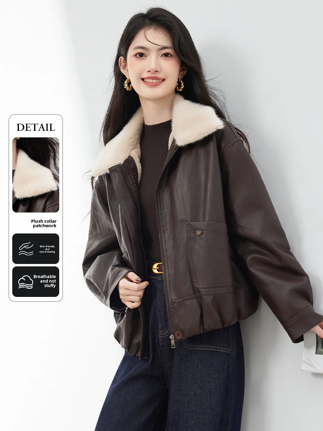 

Xin Fei Women's Fce Lined Thiened Leather Jaet ort Sle Vintage Wind Resistant Warmth for Winter Season Casual Wear