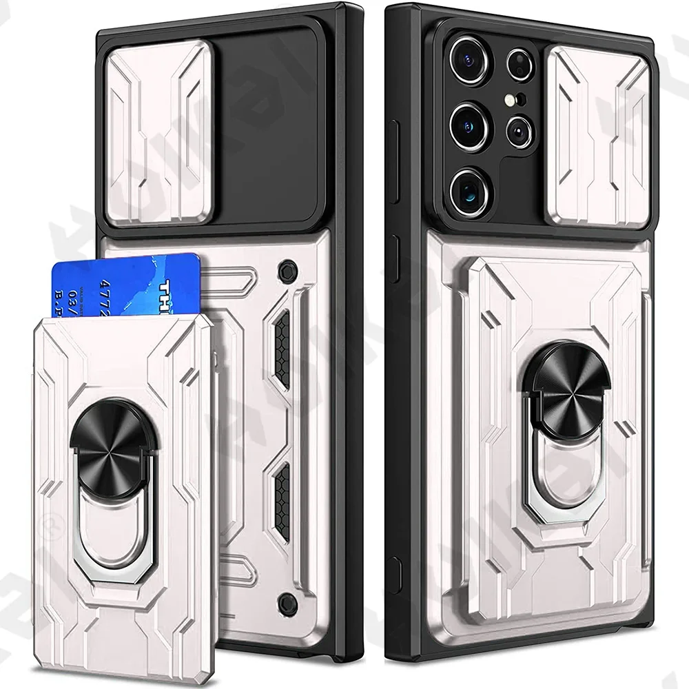 Case For Samsung Galaxy S25 S24 S23 S22 S21 Ultra Plus S20 FE A55 A35 A54 A14 4G 5G Slide Camera Card Holder 360° Ring Cover