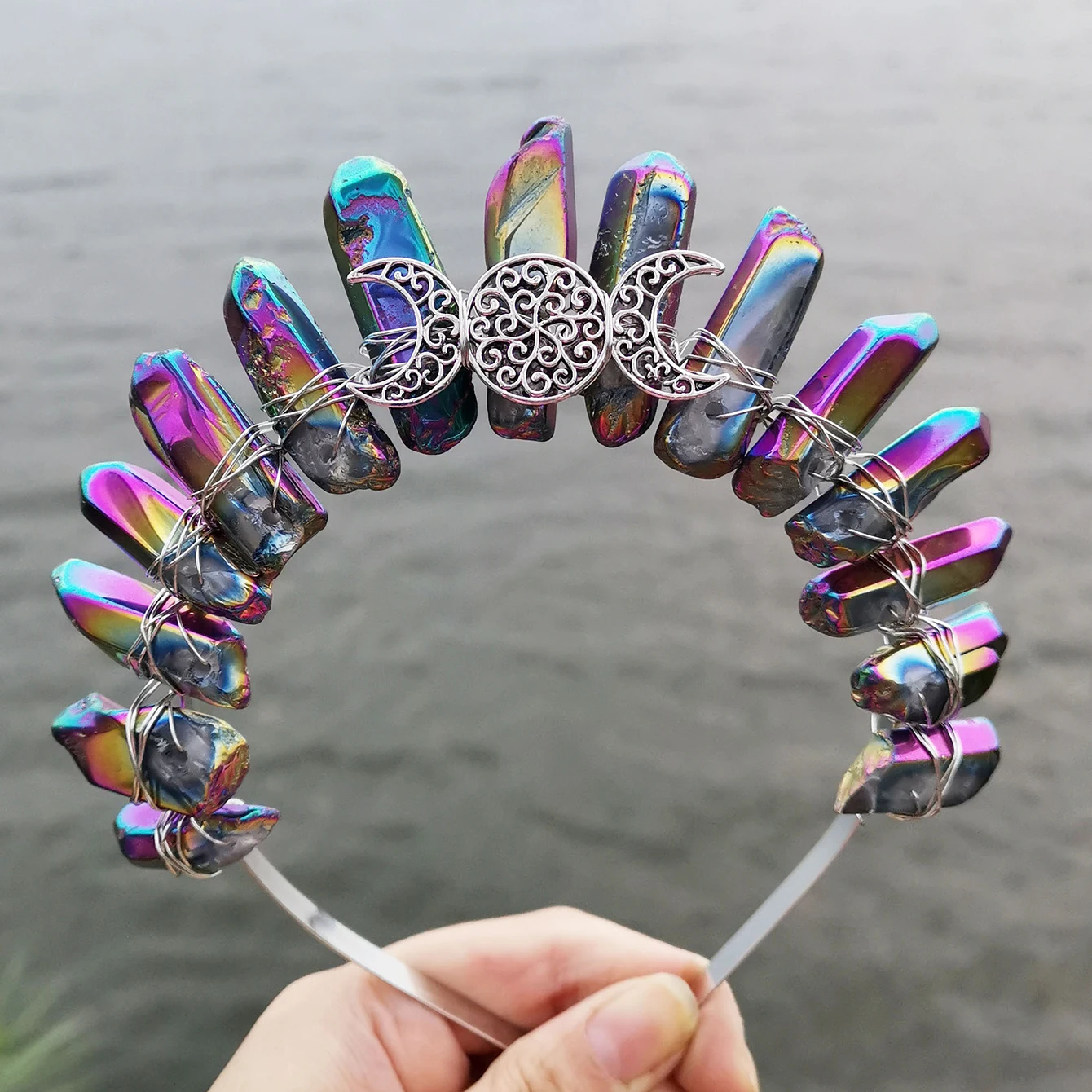 Raw Crystal Tiara Crown Headband, Natural Quartz Moon Goddess Witch Headpiece for Wiccan Cosplay Party Headwear